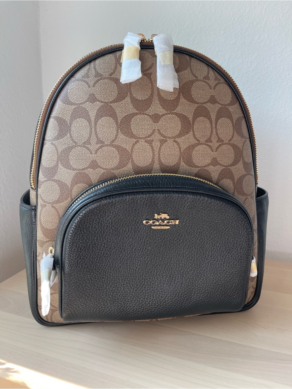 Coach Court Backpack Signature Canvas Khaki Black Pebble Leather NWT